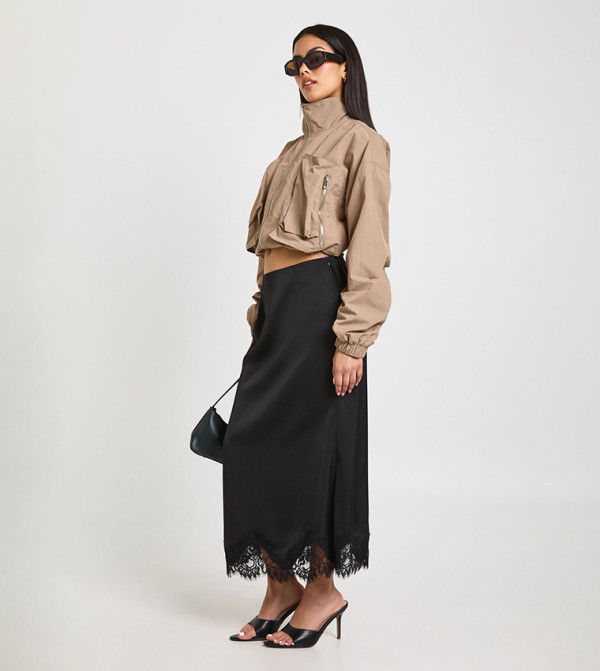 Lace Trim Satin Midaxi Skirt