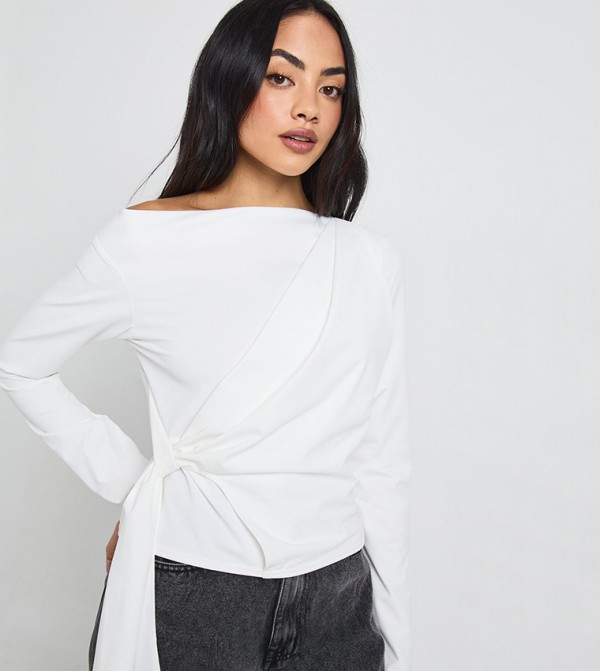 Asymmetric Neck Drape Detail Long Sleeves Top