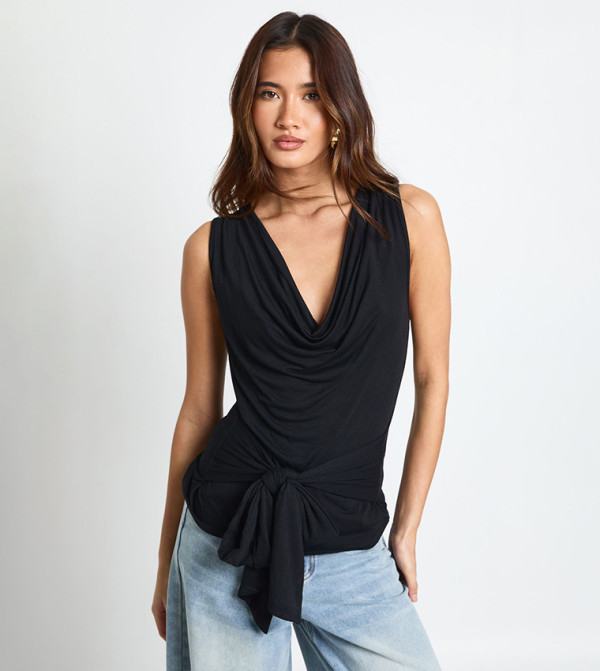 Cowl Neck Tie Waist Sleeveless Top