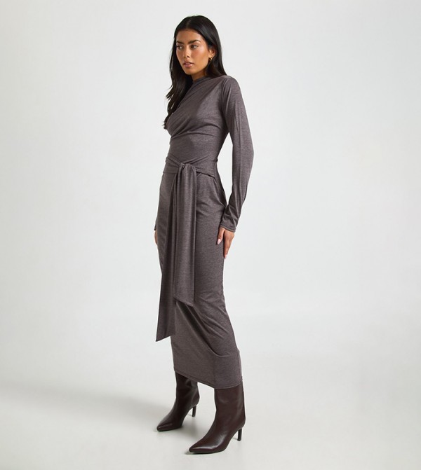 Marl Long Sleeves Tie Waist Midaxi Dress