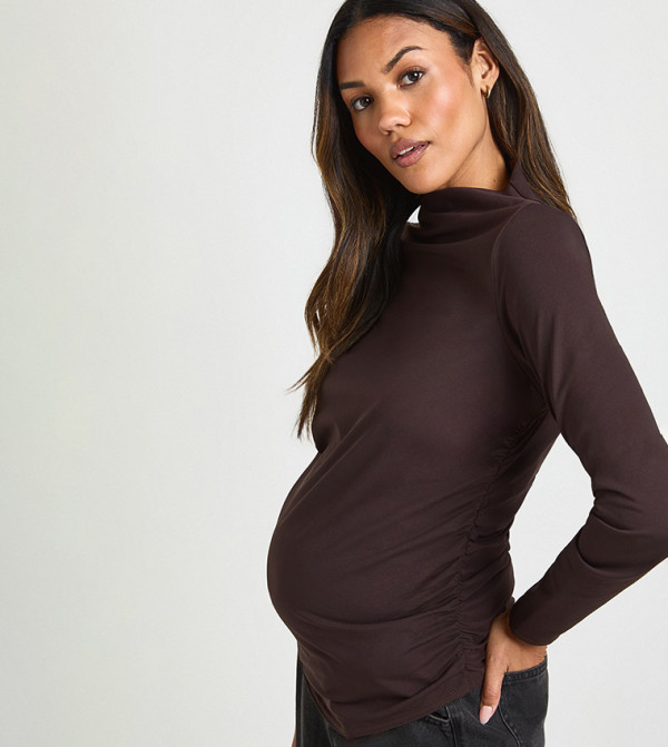 Grown On Neck Ruched Side Long Sleeves Maternity Top