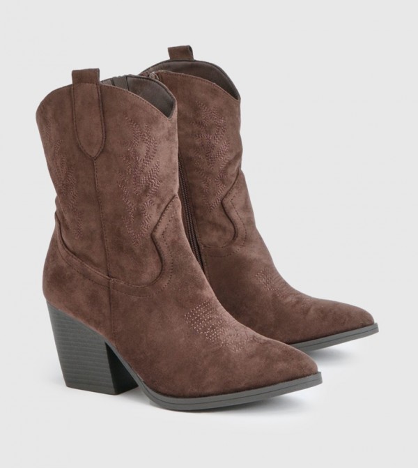 Faux Suede Embroidered Ankle Western Boots