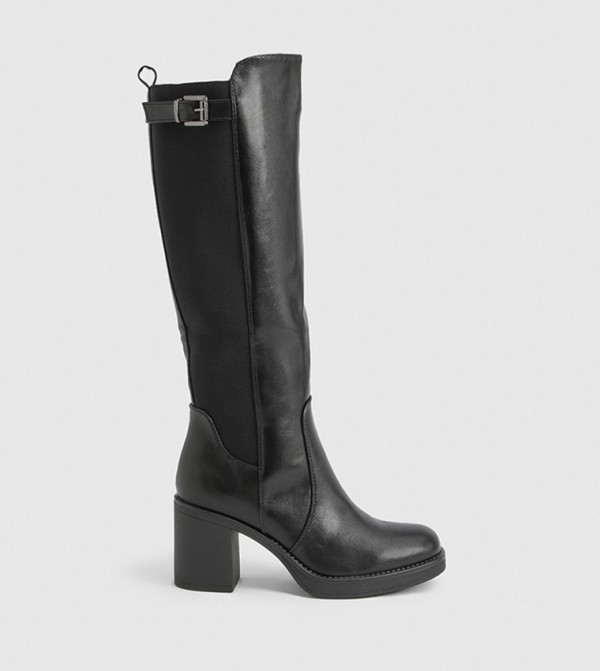 High Block Heel Buckle Detail Knee High Boots