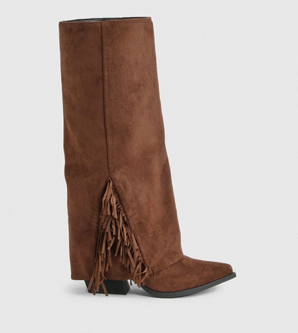 Faux Suede Fringe Detail Fold Over Knee High Boots