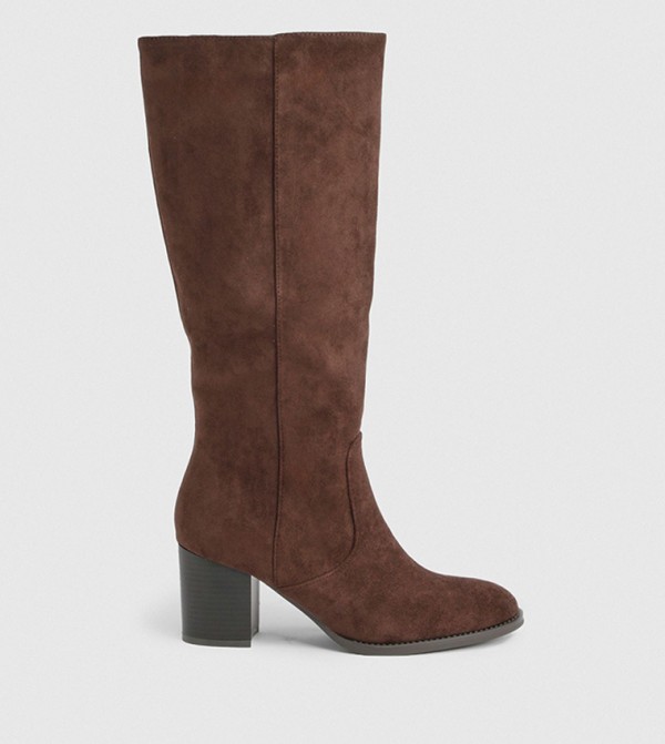 Faux Suede Stacked Heel Knee High Boots