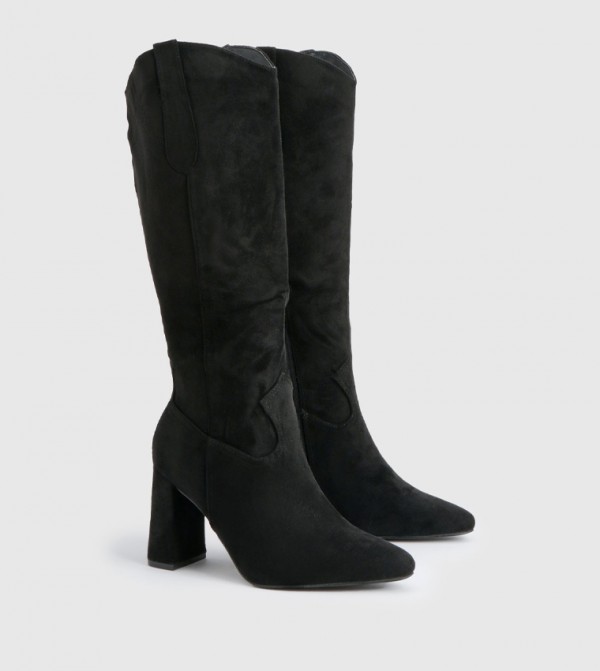 Faux Suede Curved Block Heel Knee High Boots