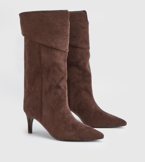 Faux Suede Low Stiletto Calf High Column Boots