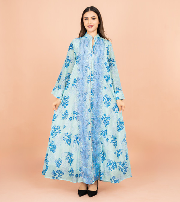 Floral Printed Stand Collar Jalabiya