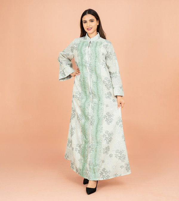 Floral Printed Stand Collar Jalabiya