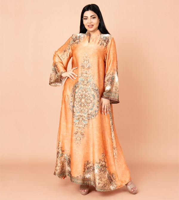 Printed Mandarin Collar Jalabiya