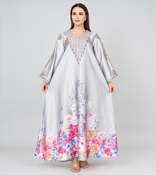 Floral Printed Crystal Embroidered Jalabiya