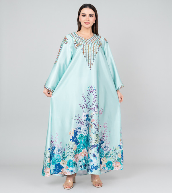 Floral Printed Crystal Embroidered Jalabiya
