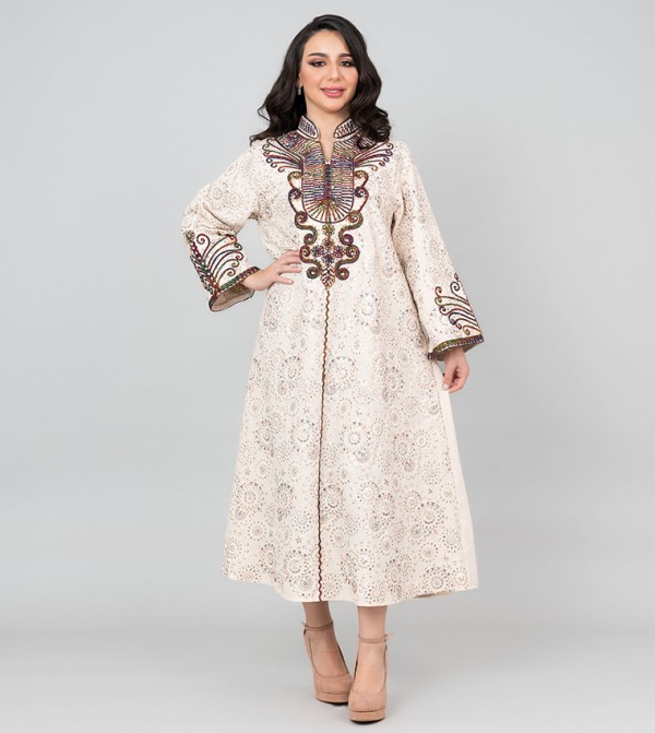 Embellished Long Sleeves Linen Jalabiya