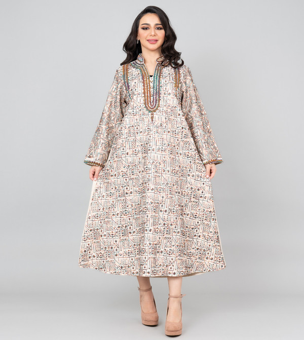 Embroidered Long Sleeves Linen Jalabiya