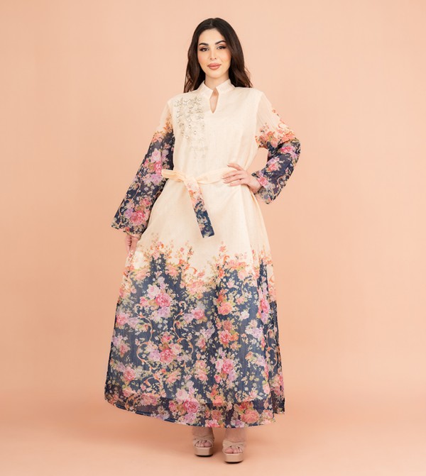Floral Printed Long Sleeves Belted Jalabiya