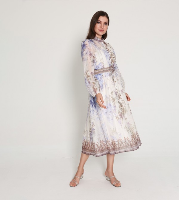 Belted Flower Print Long Sleeves Midi Dress