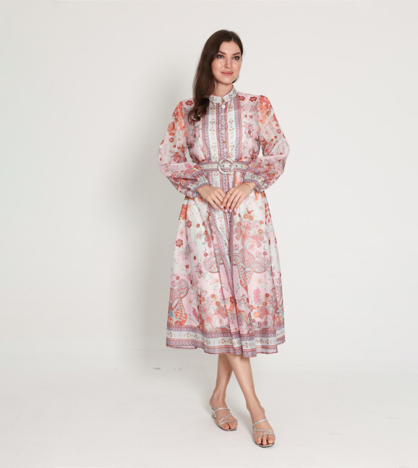 Belted Flower Print Long Sleeves Midi Dress