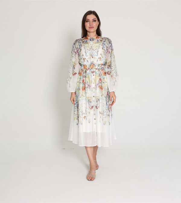 Belted Flower Print Long Sleeves Midi Dress