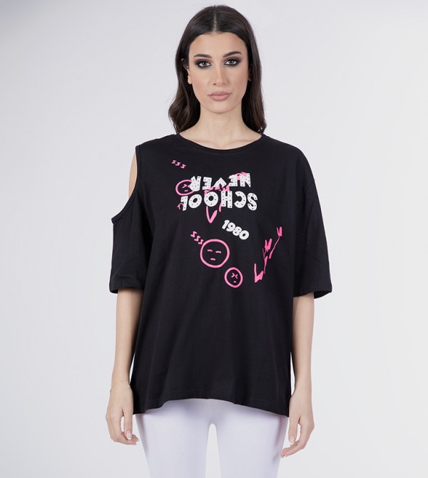 Printed Cut Out Sleeves T-Shirt