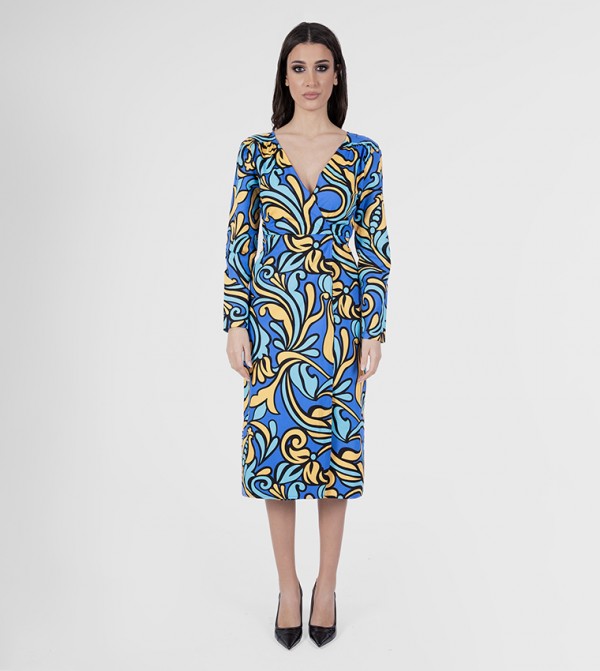 Patterned Wrap Midi Dress