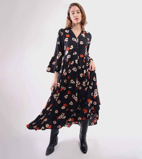 Floral Printed Flounce Sleeves Midaxi Dress