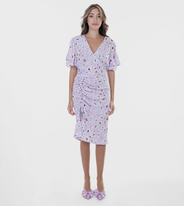Floral Print Surplice Neckline Midi Dress