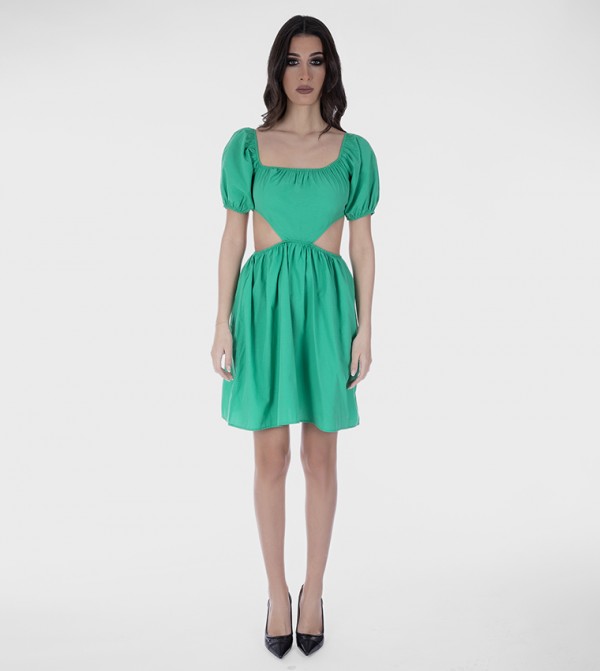 Solid Cut-Out Detail Puff Sleeves Mini Dress