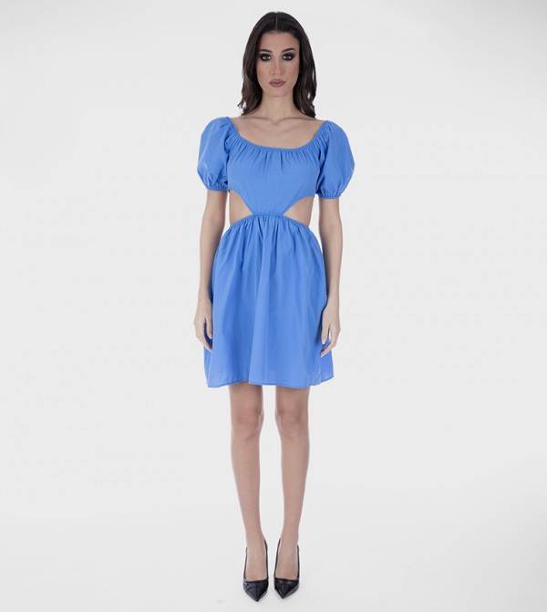 Solid Cut-Out Detail Puff Sleeves Mini Dress