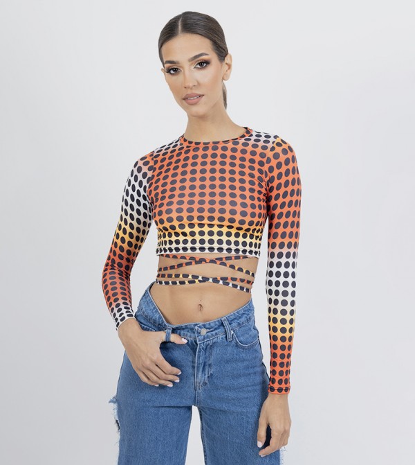 Patterned Tie Waist Crop Top