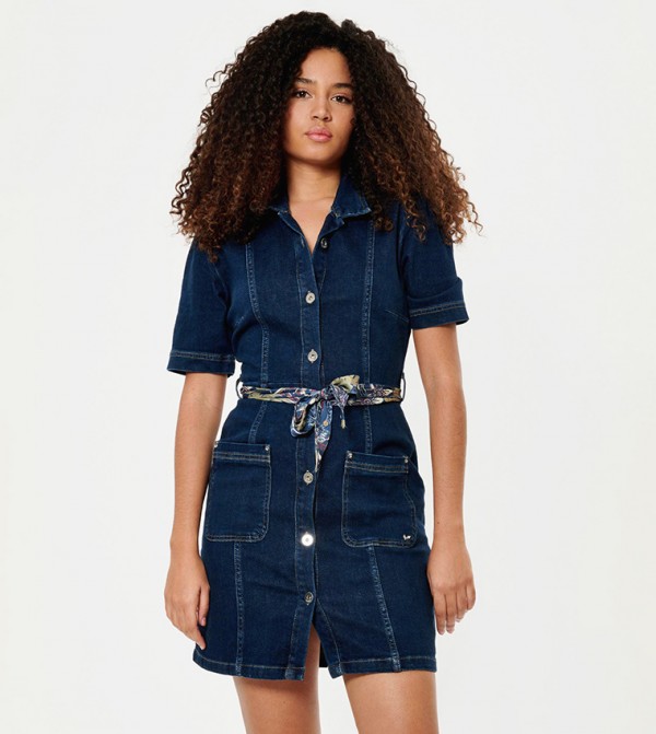 Belt Detail Short Sleeves Denim Dress