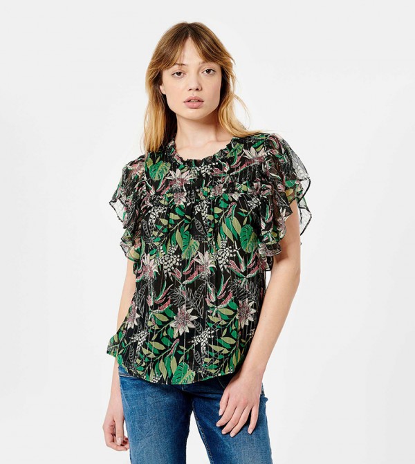 Floral Print Flutter Sleeves Top