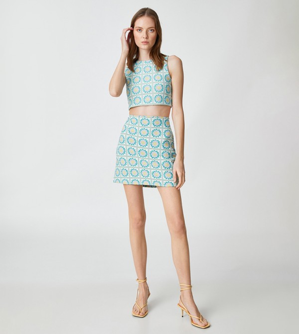 Floral Cropped Top Mini Skirt Co Ord Set Blue