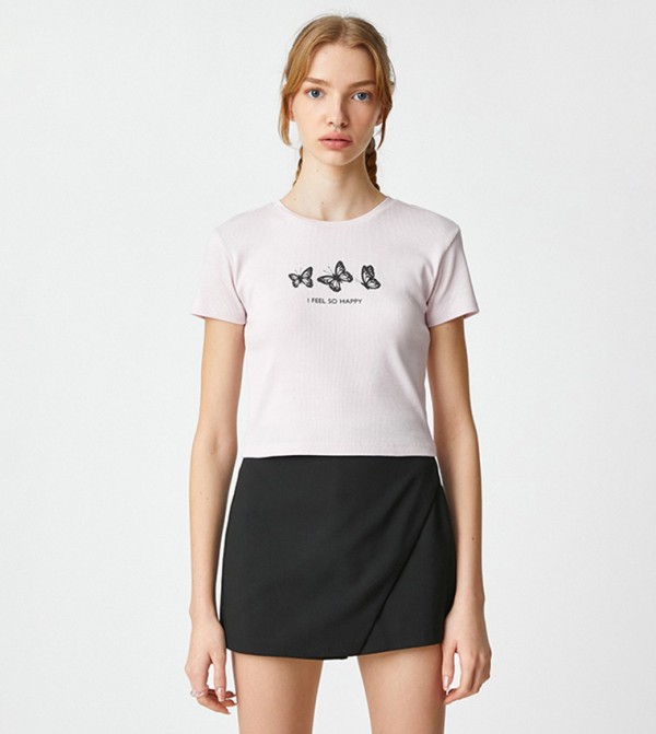 Printed Crew Neck Crop Short Sleeves T-Shirt