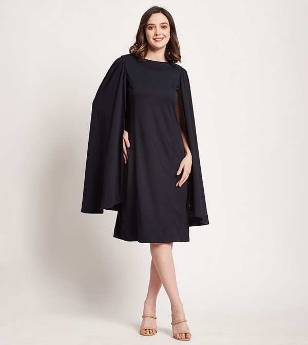 Solid Cape Sleeves A-Line Dress