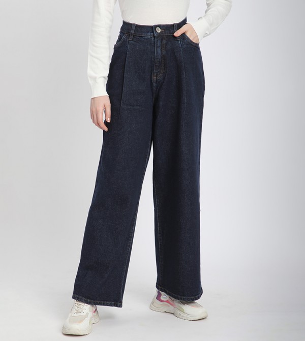 Washed Pleated Wide Leg Jeans