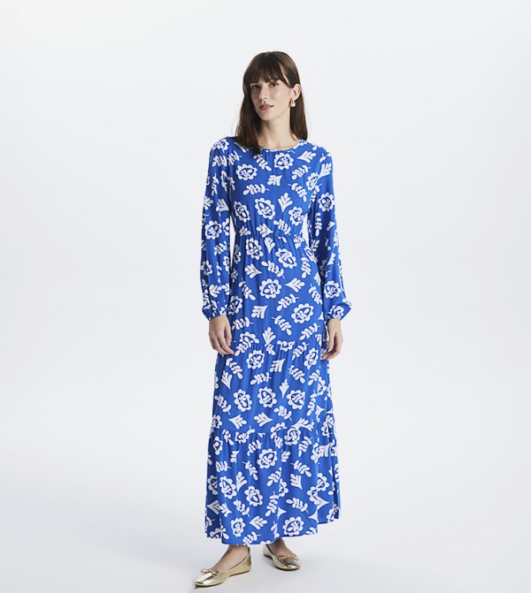 Patterned Long Sleeves Tiered Maxi Dress