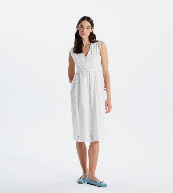 Schiffli V-Neck Midi Dress