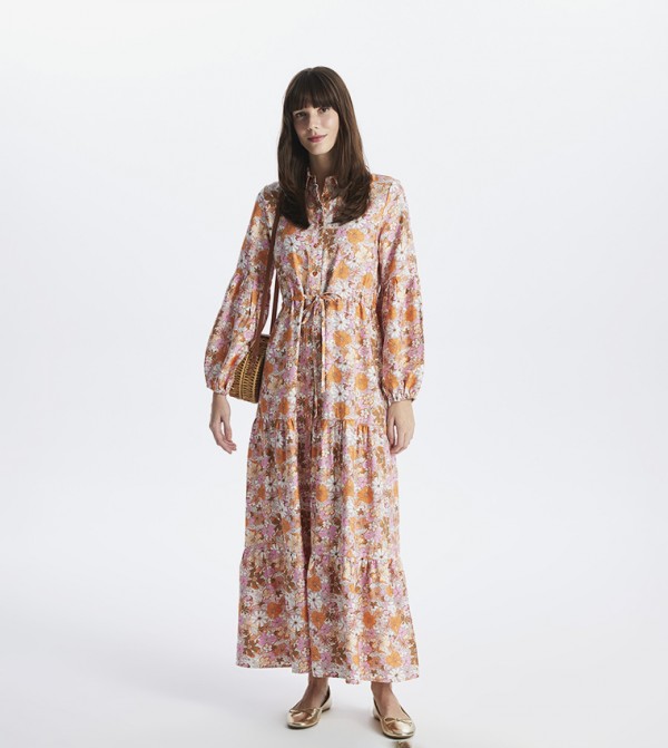 Floral Patterned Long Sleeves Shirt Dress