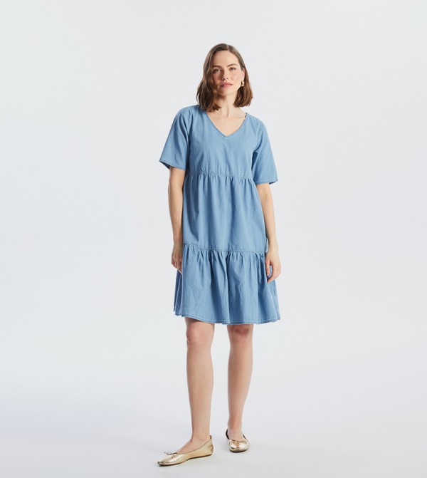 Washed V-Neck Mini Denim Dress