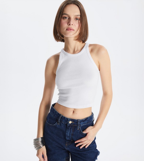 Ribbed Crew Neck Crop Tank Top