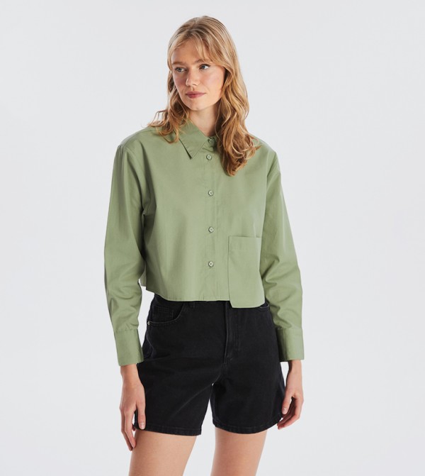 Pocket Detail Long Sleeves Crop Shirt