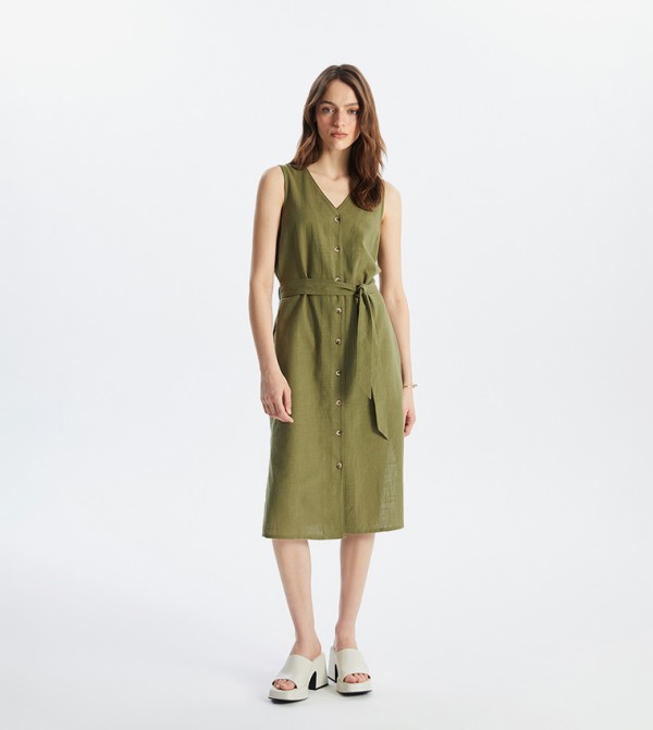 Belted V-Neck Midi Dress