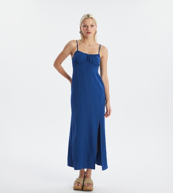 Sweetheart Neckline Straight Strap Linen Blend Maxi Dress