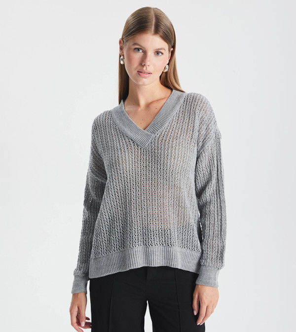 Openwork V-Neck Long Sleeve Sweater