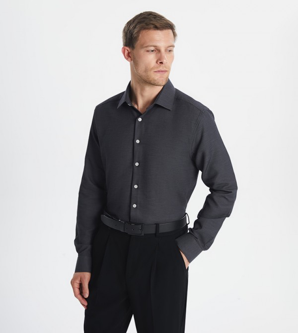 Solid Slim Fit Long Sleeves Dobby Shirt