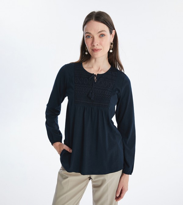 Embroidered Tie-Neck Long Sleeves Top