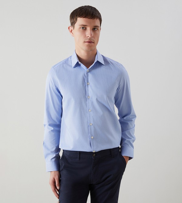 Plaid Gabardine Slim Fit Long Sleeves Shirt