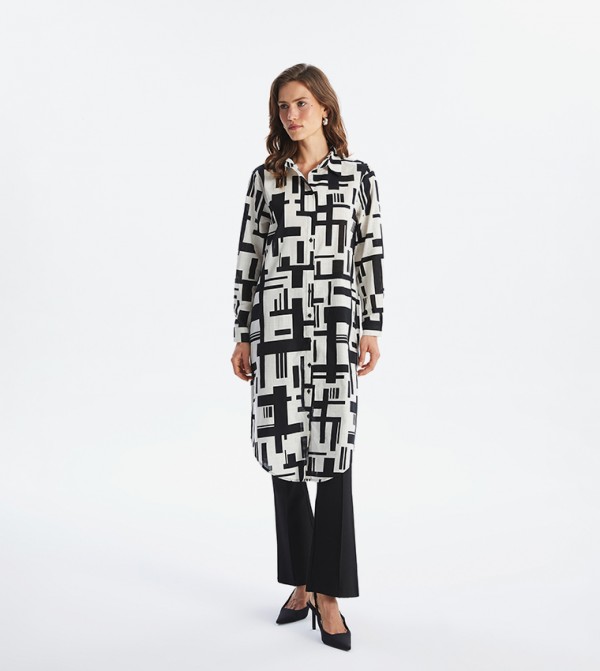 Patterned Long Sleeves Poplin Tunic Shirt
