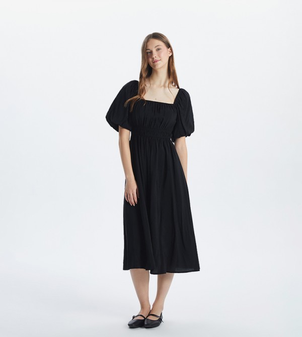 Solid Puff Sleeves Midi Dress