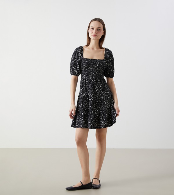 Floral Printed Puff Sleeves Mini Dress